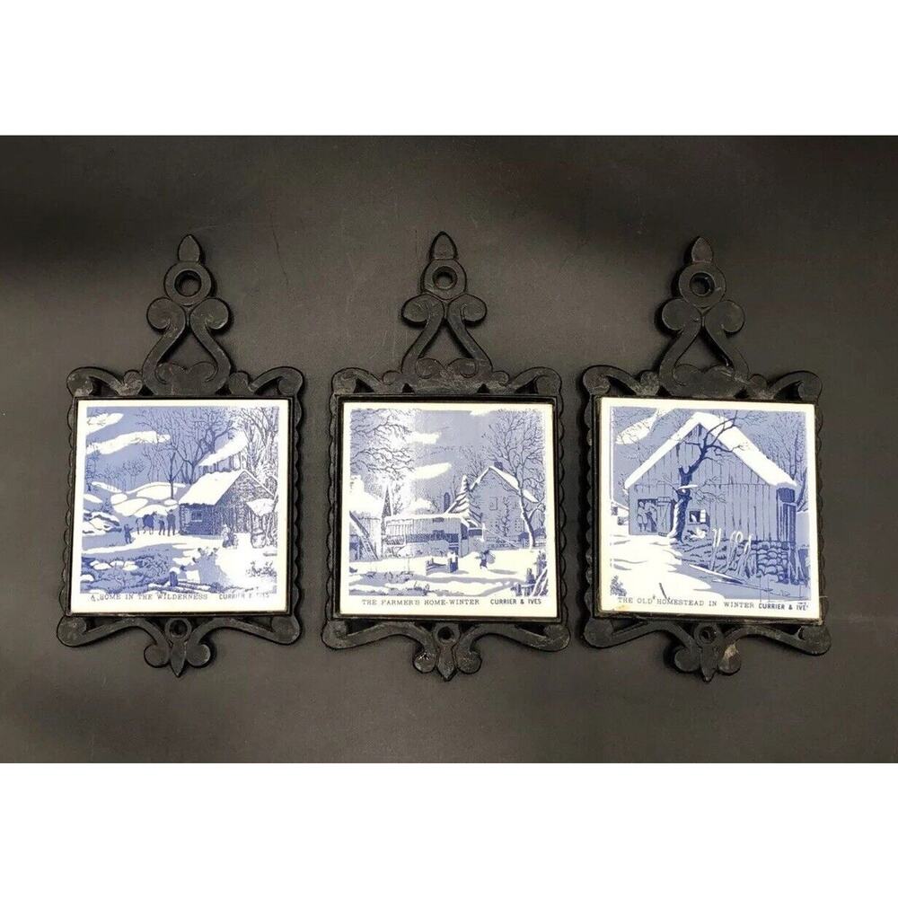 3 Vtg Currier & Ives Trivet Tiles Cast Iron Wall Plate Set Winter Hot Plates